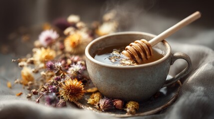 Fototapeta premium Herbal tea in ceramic cup with honey dipper and dried flowers
