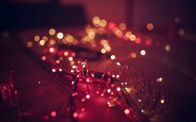 Soft focus bokeh lights in red and gold create a warm, festive atmosphere, perfect for holiday celebrations and abstract backgrounds
