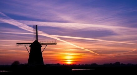 Silhouetted Windmill at Sunrise, Dramatic Skies and Contrasting Colors