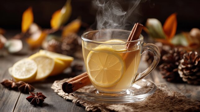 Hot toddy with lemon wheel, cinnamon stick. Fall harvest decorations