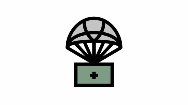Animated parachute delivery of military supplies. Ideal for war, military, and medical documentaries. High-quality footage.