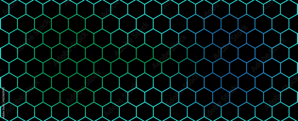 Poster dark hexagon abstract technology background with blue and green colored bright flashes under hexagon