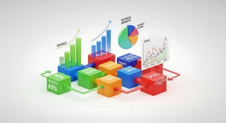 3d rendered business data analytics concept showcasing revenue market share profit customer acquisition and stock market performance with charts and graphs.