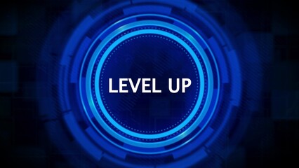 Blue digital interface with text level up and concentric circles gaming technology