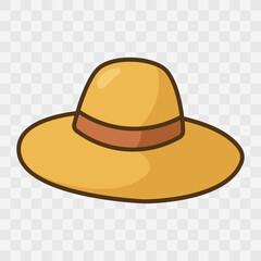 Cartoon yellow sun hat with brown band. Summer fashion accessory on checkered background