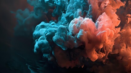 Dense smoke swirling like ocean currents, glowing in coral and cyan over black