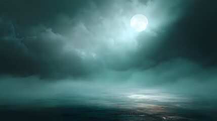 Ethereal mist flowing over a shadowy floor, kissed by pale moonlight and soft teal glows, creating a serene dreamy mood