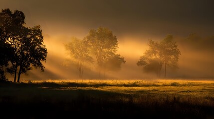 Fototapeta premium Fine fog shimmering under golden rays against a dark background