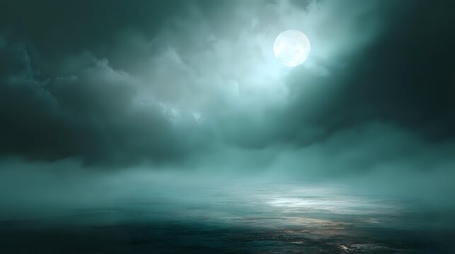 Ethereal mist flowing over a shadowy floor, kissed by pale moonlight and soft teal glows, creating a serene dreamy mood