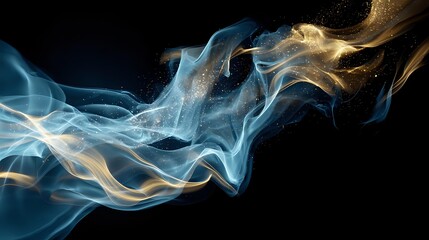 Silver mist curling in fluid patterns, softly glowing in blue and gold against a black background