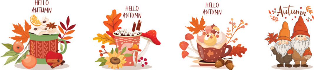 Autumn elements design bundle set featuring seasonal leaves, pumpkins, acorns, and fall-themed decorations, perfect for seasonal artwork and festive.

