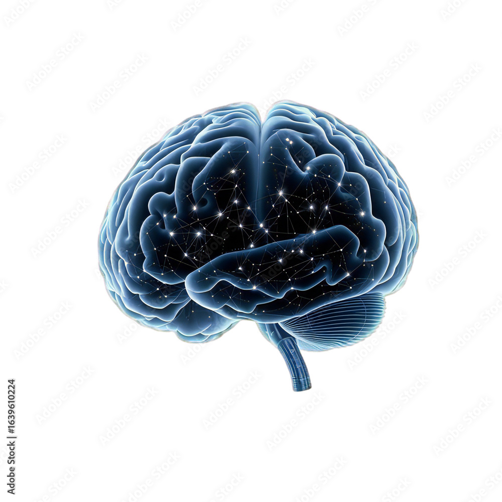 Poster abstract visualization of a human brain with glowing neural connections, representing intelligence, 