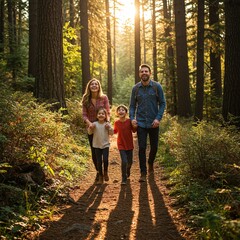 
A family of four walks hand-in-hand down a sunlit path in a forest