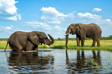 Close encounter with bull elephants from a boat. African elephant eating and bathing at the Chobe River between Botswana and Namibia in the green season.