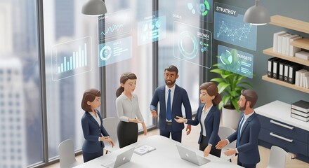A diverse team of business professionals in a modern office discussing financial goals and strategies using futuristic data visualizations.