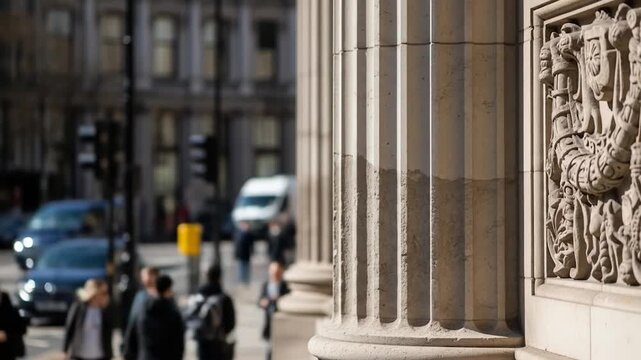 Ornate Building Facade with Columns and Carvings in a Busy City Street