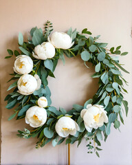 Elegant white peony and eucalyptus wreath on a neutral background, perfect for weddings, celebrations, or home decor.