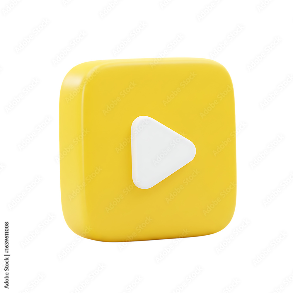 Poster 3d icon of a yellow play button icon for video and media, isolated on transparent background, perfec