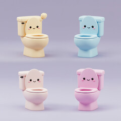Four Cute Kawaii 3D Toilets in Pastel Colors with Happy Faces - Pink, Blue, Yellow, Beige Minimalist Bathroom Fixtures Illustration