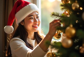 An asian woman wearing a Santa hat smiles warmly, decorating a Christmas tree, background christmas.
