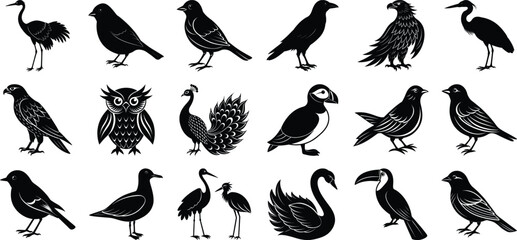 Obraz premium A Set, Bird animal silhouette for vector Set, Animals Birds Vector Silhouette Set, Swan, Owl, Crow, Eagle, Bluebird, Robin, Heron, Red Bird, Seagull, Yellow Bird, Peacock, Puffin, Blue