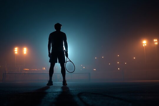 Hero shot of male tennis player standing with racquet under stadium lights