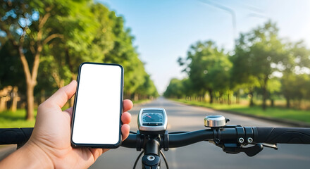 Cycling app navigation mobile phone screen mockup summer road trip bicycle handlebars smartphone blank display outdoor adventure fitness healthy