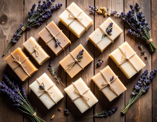 Lavender soaps arranged on a rustic background.