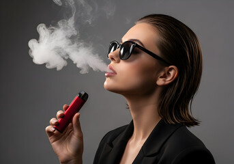Fototapeta premium Stylish Woman Exhaling Vapor From Modern Electronic Cigarette Device Grey Background