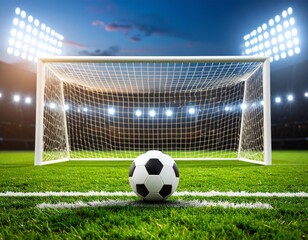 Soccer ball near goal under stadium lights.