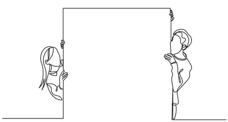 Continuous line drawing of a Surprised young man and woman peeking behind a blank banner.Single line Girl and boy Posing Hiding Behind Empty White Board.Couple Holding Paper Poster Advertising concept