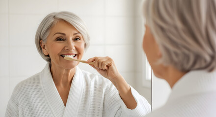 Senior woman brushing teeth healthy smile morning routine oral hygiene dental care elderly health self care bathroom mirror reflection happy confident lifestyle mature adult woman healthy habits