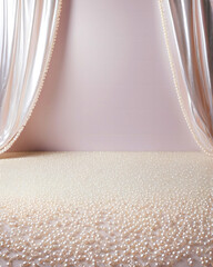 Elegant backdrop with shimmering white curtains and a surface covered in pearls, creating a luxurious and sophisticated atmosphere