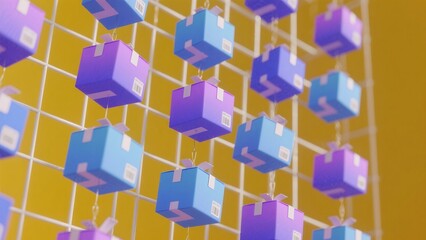 Colorful Hanging Cube Decorations on White Grid Structure in Bright Yellow Background