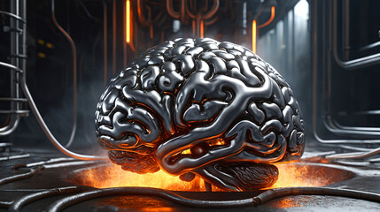 Metallic brain in a futuristic industrial setting, illuminated by fiery glow, AI concept