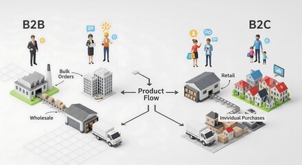 Business to business and business to consumer product flow illustrated with 3d renderings of buildings and people