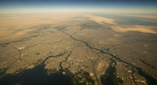 Aerial Cityscape: Expansive Urban View with River, Roads, and Hazy Atmosphere.