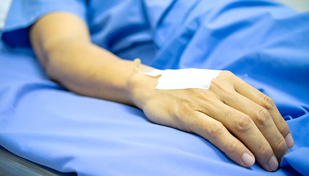 Arm with IV drip rests on blue hospital bed, conveying modern healthcare and patient recovery concepts