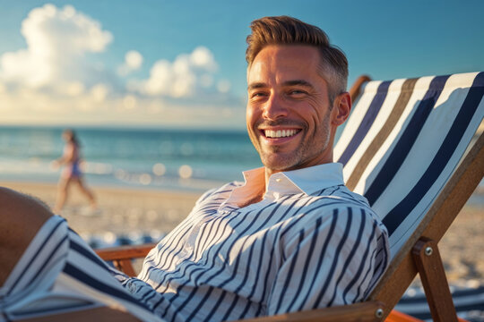 A smiling man enjoys a sunny day at the beach, relaxing in a chair.