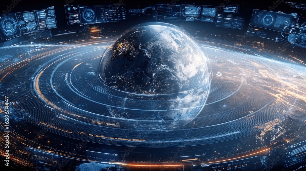 Poster futuristic earth visualization with digital interface: high-tech concept of global connectivity and 