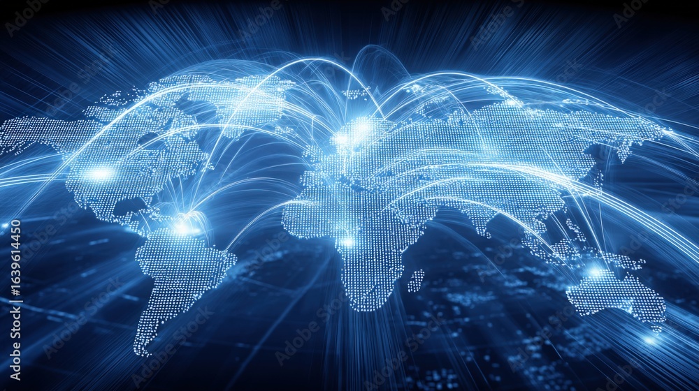 Poster global network connectivity: world map with interconnected lines, representing digital communication