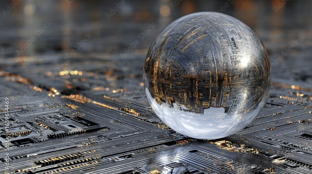 Poster abstract technology sphere reflecting circuit board, futuristic design, data processing, advanced sy
