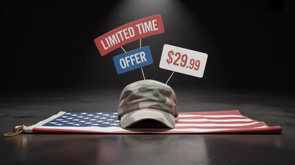 Veterans day limited time offer promotion concept featuring a military cap and the american flag with signs indicating a limited time offer on a dark background