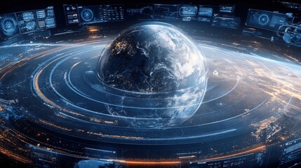 Futuristic Earth Visualization with Digital Interface: High-Tech Concept of Global Connectivity and Data Analysis