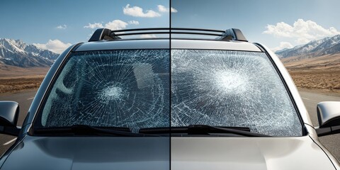 Obraz premium Cracked Windshield Comparison on Car: Before and After Repair, Damage Assessment, and Road Safety Concept