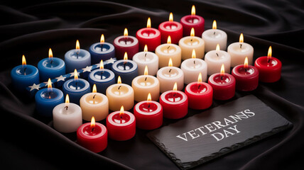 Veterans day candles in red, white, and blue, arranged with an american flag motif, symbolizing remembrance, honor, and tribute to veterans and fallen soldiers, on a dark background