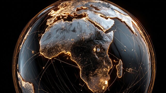 Illuminated World Globe Displaying Africa and Europe Against a Dark Background, Ideal for Tech or Global Business