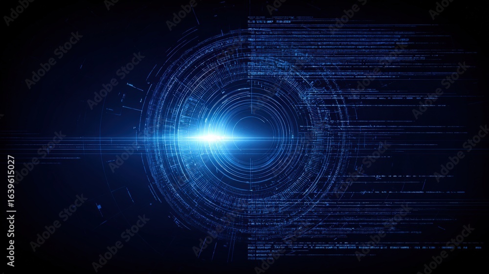 Poster futuristic dark blue data stream background with concentric rings and light burst for technology con