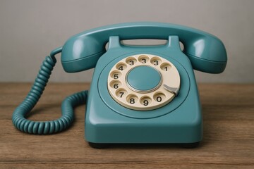 Vintage Turquoise Rotary Telephone on Wooden Surface: Nostalgic Communication Technology for Retro Design