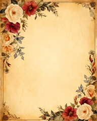 Vintage Floral Frame on Antique Parchment Background